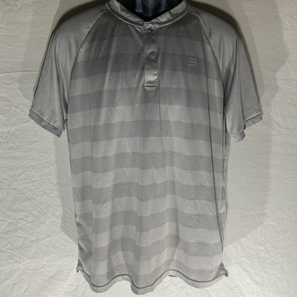 Three Sixty Six Mens Large L Golf Polo Shirt‎ Grey Striped Blade Collar Athletic